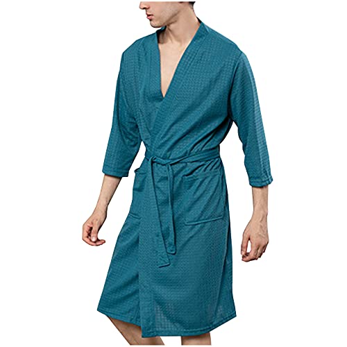Solid Long Sleeve Robes for Men Lounge Basic Belts Bathrobe with Pockets Thin Comfy Soft Lightweight Spa Nightgown