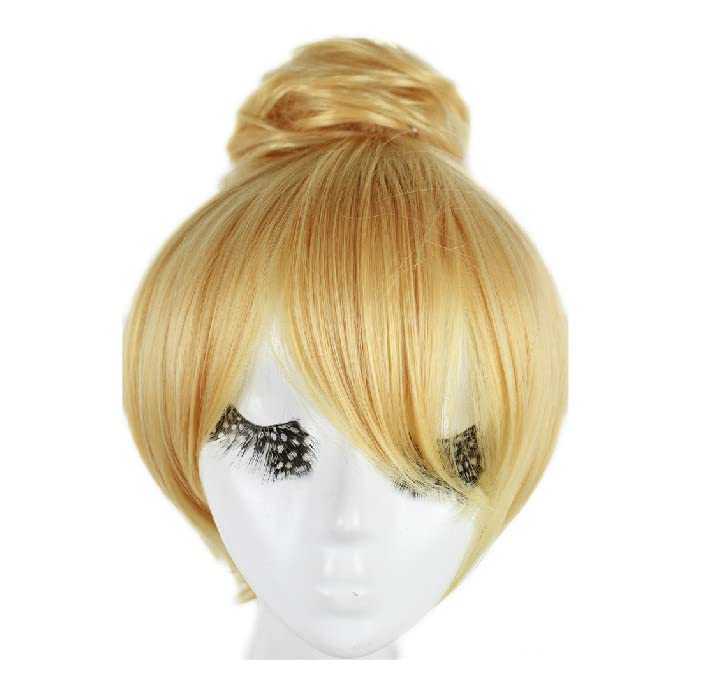 Vista 5 de Peluca de cosplay de princesa Tinker Bell Tinkerbell de pelo corto rubio con moño, resistente al calor, pelucas de disfraz de cosplay + gorra