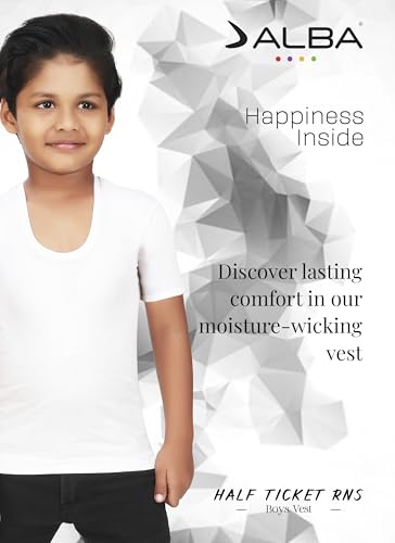 Image of ALBA Boys Cotton Half Sleeve Vest Kids Innerwear Breathable Cotton Vest Boys Undershirt Round Neck T Shirt Moisture Absorbent Soft Bio Washed Fabric Comfortable Fit White Innerwear Pack of 2