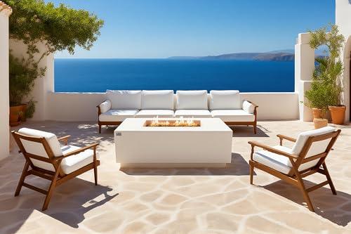 Image of AMS Fireplace Genuine Concrete Rectangular Propane Fire Pit Table for Outside Patio (66 inch Sedona) | Hidden Tank Drawer & Electronic Ignition | w /Bonus Ice Bucket and Rubber Mat (Cream White)