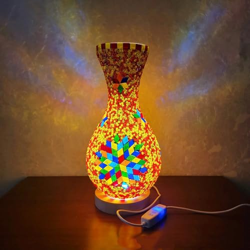 YUDIZWS Mosaic Table Lamp Turkish Moroccan Handcrafted Bedside Lamp with Vase Design LED Cordless Bohemian Lamp for Living Room Bedroom Decor 5.1×10.8IN,Bronze