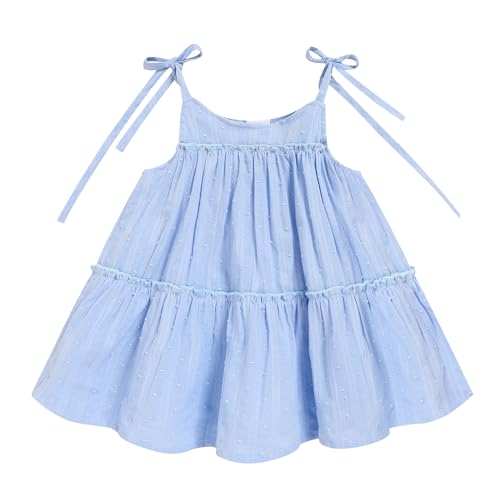 Toddler Baby Girl Summer Dress - Sleeveless Dot Tiered Sundress with Adjustable Tie-Shoulders for Beach, Party, Photos Blue