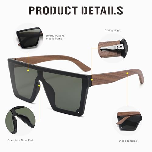 J&L Glasses Wooden Sunglasses UV 400 Protection Mirrored Lenses Ultra Light Square Frame 15523