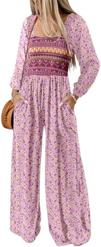 Dokotoo Women's Casual Loose Overalls Jumpsuits One Piece Long Sleeve Printed Wide Leg Long Pant Rompers With Pockets