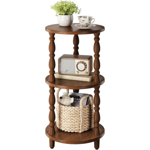 Yoobure Small Round Side Table - 3-Tier End Table with Storage Shelf Narrow Bedside Table Nightstand for Bedroom Accent End Tables Living Room Wood Side Tables for Small Spaces Office Walnut