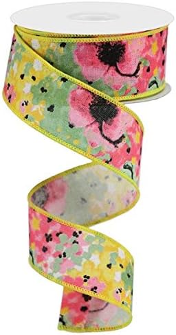 Painted Floral on Canvas Wired Edge Ribbon, 10 Yards (Yellow, 1.5 Inch)