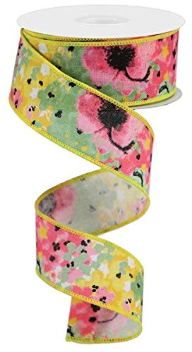 Painted Floral on Canvas Wired Edge Ribbon, 10 Yards (Yellow, 1.5 Inch)
