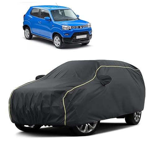 Image of Sulfar 100% Water Resistant Car Body Cover Compatible with Mirror for Maruti Suzuki S-presso (Triple Stitched, Full Bottom Elastic, Dark Grey Taffeta with Yellow Piping)