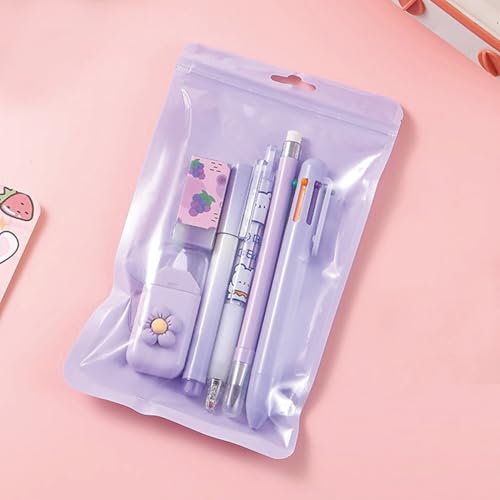 MOZXIRZ 6 Pcs Cute Purple Stationery Set for Women Back to School Supplies Office Supplies Including Gel Ink Pens 6-in-1 Ballpoint Pens Pencil Eraser (Purple) - Image 3