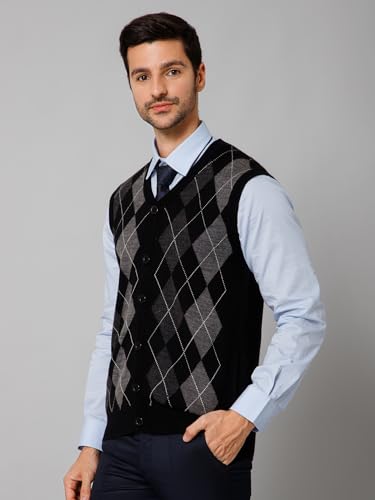 Image of Cantabil Geometric V Neck Sleeveless Regular Fit Men Maroon Casual Cardigan Sweater | Casual Winter Sweater for Men | Mens Sweater for Winter Wear (P MSWT00058 Black)