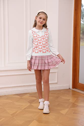 Misumalls Girl's Cute Preppy Heart Print Sweater Vest Casual Sleeveless V Neck Knit Tank Tops Pink #TOP4
