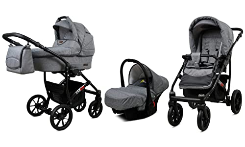Kinderwagen Largo,3 in 1 -Set Wanne Buggy Babyschale Autositz mit Zubehör Grey Flex Cover