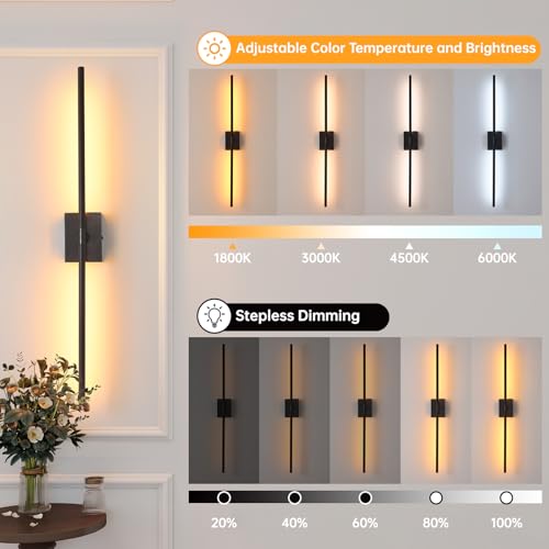 Image of Shenmoyl Battery Operated Wall Sconce Set of 2, 5000mAh Rechargeable Wall Sconces with Detachable Battery, Indoor 350Rotate Wall Lights for Bedroom Living Room, Black, 31.5 Inch