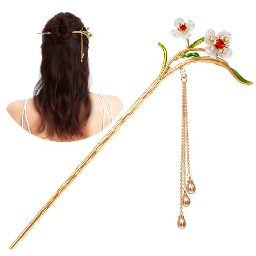 KZQtriid Hair Accessories，14k Gold Plated Copper， Vintage Handcrafted， Colour Enamels Cubic Zirconia Jasmine Pearl Tassels Hair Stick，Hair Clip. 7.28" Hair Chopsticks For Women