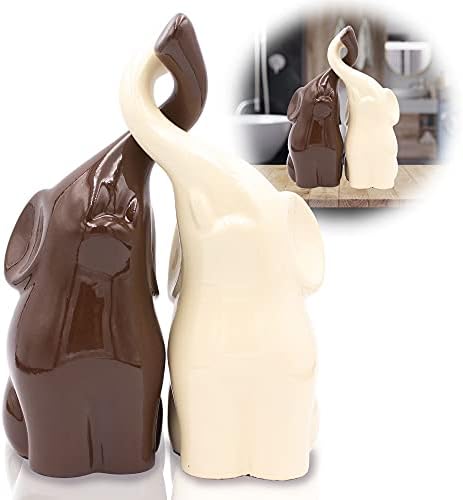 White and Brown Elephant Pair Statues with Trunk Up - Poly Stone Elephant Decor Figurines - Russian Suvenir Elephant Statuette for Good Luck - Un Par De Elefantes para Decoracion Casa