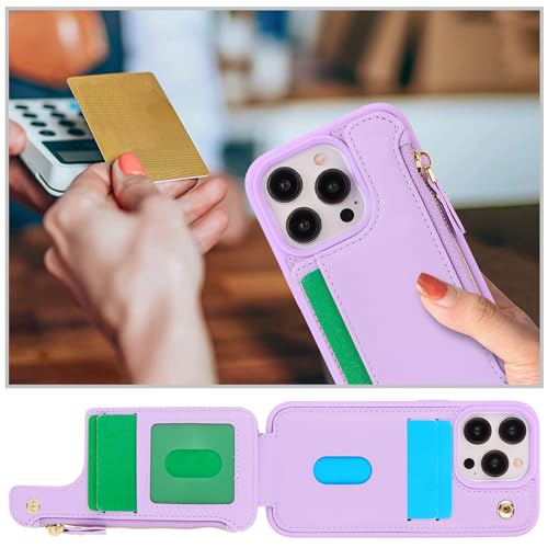 Image of Cavor for iPhone 13 Pro Case with Card Holder,for iPhone 13 Pro Wallet Case for Women Men,Leather Magnetic Clasp Zipper Pocket Protective Phone Cover-Purple