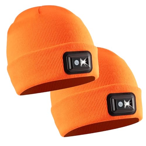 POWERCAP LED Hat Light 150 Lumens Rechargeable Fleece Beanie with Bright Built-in Headlamp Waterproof LED Warm One Size Cap (US, Alpha, One Size, Knit Blaze Orange 2-Pack)