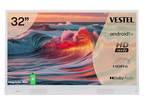 Vestel Fernseher 32 Zoll Android Smart TV HD-Ready Fernseher tragbarer Akku TV mit HDR und integriertem Triple-Tuner, Outdoor LED TV 32HA9940W weiß
