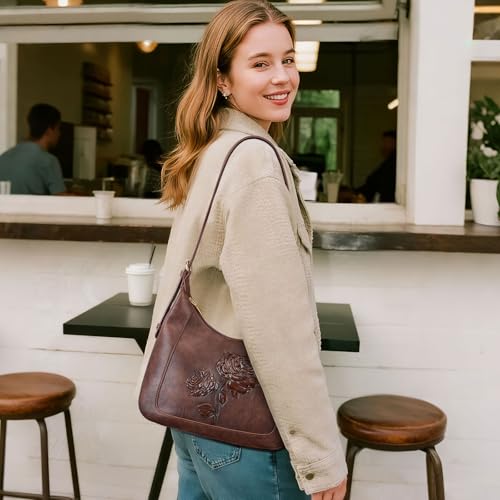 Image of Shoulder Bag for Women, Small Embossed Vegan Leather Hobo Purse | Elegant Crescent Shape Shoulder Purse with Top Handle, Adjustable Strap, Underarm Style for Daily Use, Travel & Gift Choice