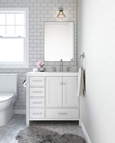 Ariel 37" Inch White Bathroom Vanity W/ 1.5" Edge Pure White Quartz Countertop & Backsplash | Right Rectangular Sink | 2 Soft Closing Doors & 5 Full Extension Dovetail Drawers | Satin Nickel Pulls #TOP3