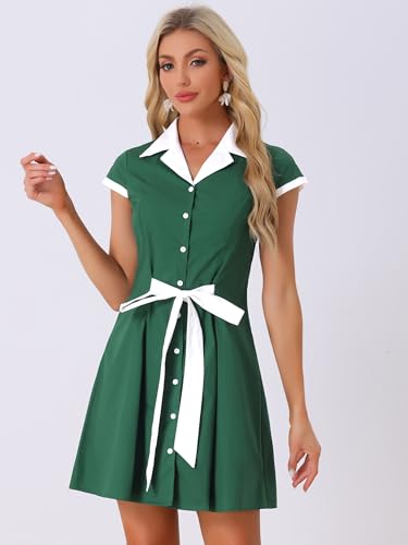 Image of Allegra K Women's Vintage Button Down Shirt Dress Notch Lapel Short Sleeve Belted Office Mini Short Dresses