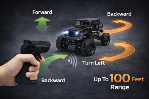 Image of TEC TAVAKKAL 75 Feet+ Range Remote Control Off Road Rock Climbing Car for Kids, Rechargeable Thar Toy with Mist Spray, Openable Doors, Front LED, Shock Absorbers, 2WD, USB-C Port (Black)