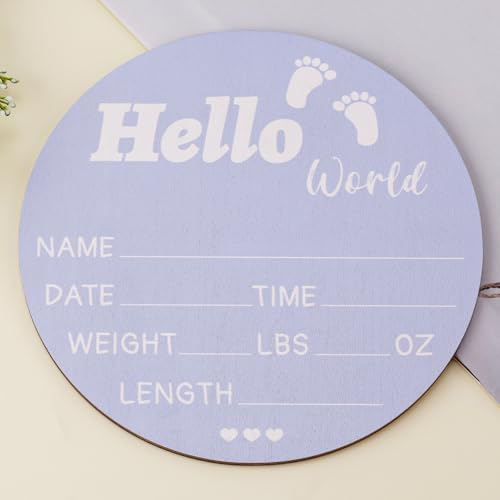 Image of Gosknor Baby Announcement Sign, Wooden Baby Name Sign Blue Birth Announcement Sign Hello World Baby Footprint Newborn Announcement Sign for Babies Nursery Hospital