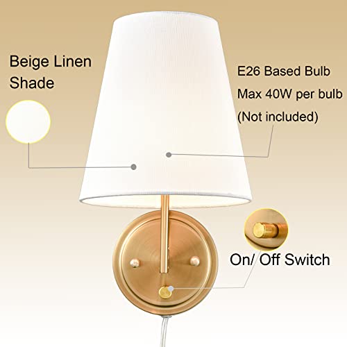 TENGIANTS Fabric Shade Bedside Wall Lamp Set of 2 Plug in Wall Lights Brass Finished for Bedroom Living Room - Image 4