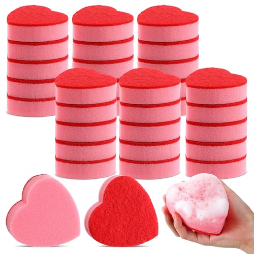 Layhit 30 esponjas en forma de corazón, limpiador de cocina de doble cara para el día de San Valentín para lavar platos, ollas, sartenes y limpieza general del hogar, rosa y rojo