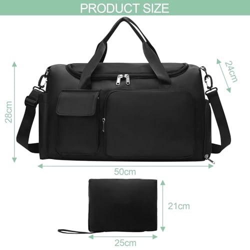 Comzantor Bolsa de Viaje, Deporte Gimnasio con Compartimento Zapatos, Impermeable, Mujer y Hombre para Viajes, Deportes, Fitness(Negro)