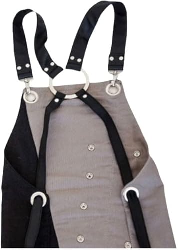 Miniatura 4 de MONAPRON Delantal profesional unisex, lona de algodón negro y gris, muchos bolsillos, espalda cruzada, hombres y mujeres, adultos