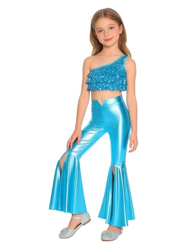 Costume de danse fille avec pantalon évasé fendu et haut brillant pour gala de fin d'année