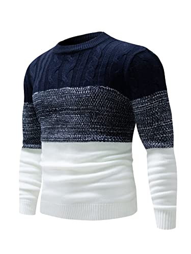 Floerns Men's Casual Color Block Long Sleeve Cable Knit Pullover Sweater