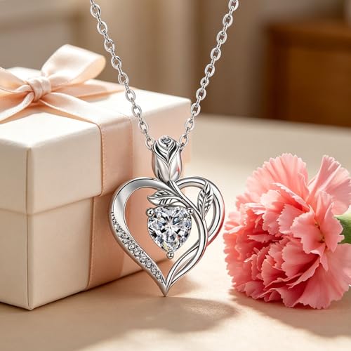 JACUPO Heart Birthstone Necklace for Women I Love You White Silver — view 4