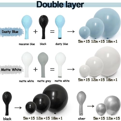 Image of Blue Black Balloon Garland Double Stuffed Dusty Blue White Balloons Black Silver Balloon Arch for Birthday Wedding Graduation Baby Shower Anniversary Party Decorations