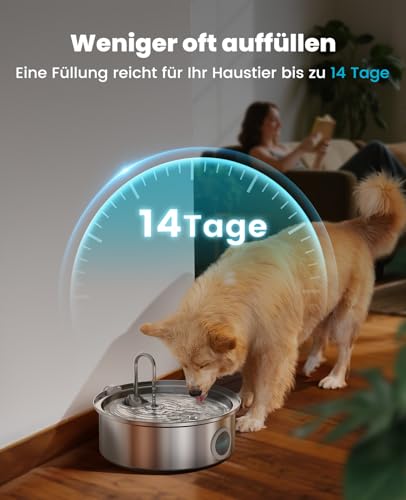 oneisall 7L Trinkbrunnen für Hunde, Edelstahl Hundebrunnen mit großem Sichtfenster, Wasserspender mit LED-Licht, Ultraleiser Pumpe mit Überlastschutz, 5-Schicht Filtration