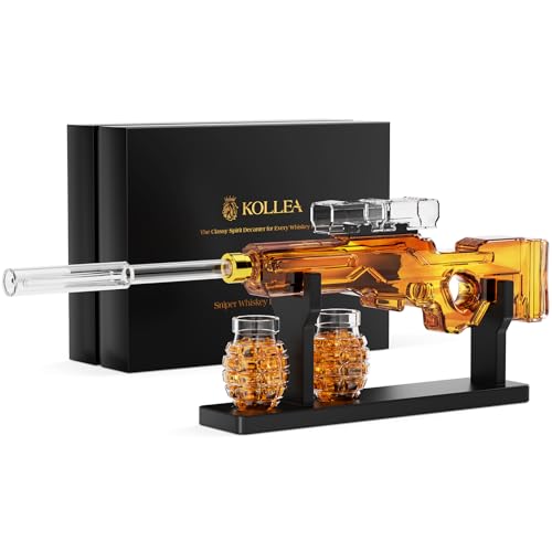 Regalos de cumpleaños para hombres y padres, juegos de decantador de whisky Kollea Gun para hombres con 2 vasos de granada y alcance desmontable, dispensador de licor para bar en casa, regalo militar