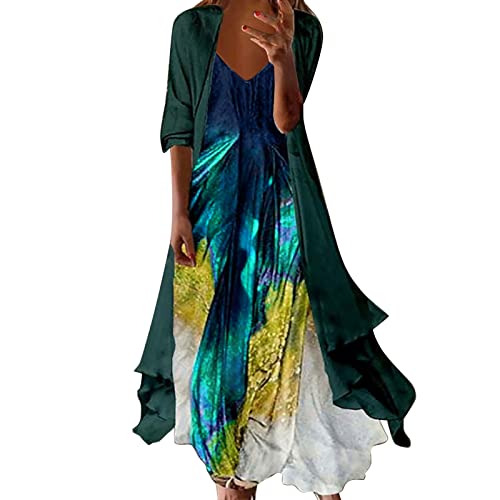 QWUVEDS Vestido de cóctel para mujer gordita con estampado casual vestido con cuello en V sin mangas vestido de media manga gasa bufanda cárdigan conjunto dos vestido negro brillante, verde, L