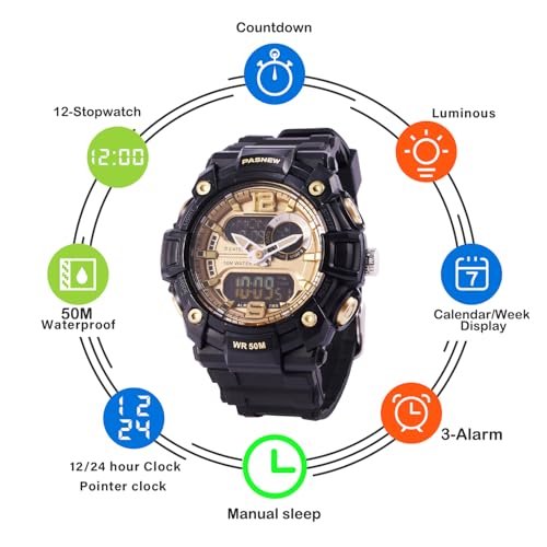 Image of PASNEW Boys' Watches - Dual Display, Large Dial Sport Watch, Black Outdoor Watch for Boys & Teens - Waterproof