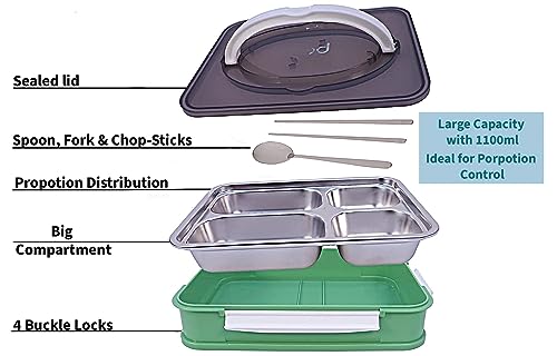 Image of Lunch Box for Adults 4 Compartment Insulated Stainless Steel with Spoon & Fork Tiffin Box for Girls, Boys, School, Office Men & Women (Multicolor)