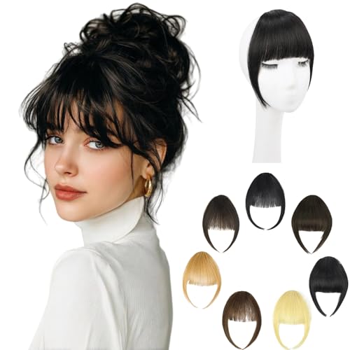 KISANOF Clip in Bangs 100% Real Human Hair Natural Black Soft Layered French Fake Bangs Hair Natural Curtain Fringe with Temples for Daily Wear