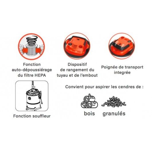 Dx DREXON 781018 Aspiradora de 1200 W para Cenizas y Polvo de pellets, 18 L, 2 Accesorios, función soplador