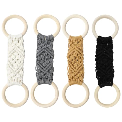 Para manijas de gabinete de cocina y baño, lazo de madera lisa para colgar toallas, 4 anillos de madera bohemia, cuerda de algodón tejida a mano, soporte para toallas de cocina beige, gris, marrón