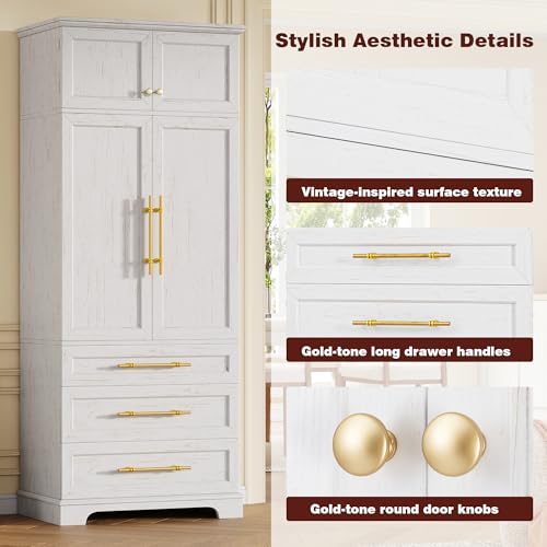Image of Ball & Cast 78″Tall Farmhouse Kitchen Pantry Cabinet with 8 Door Shelves & 3 Large Drawers,Versatile Pantry Storage Cabinet w /3 Adjustable Shelves for Kitchen,Dining Room,Retro White