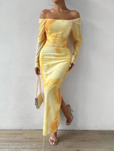 Image of LIGHT DOT Women's Printed Off Shoulder Maxi Dress Long Sleeve Bodycon Ruched Mesh Cocktail Dress