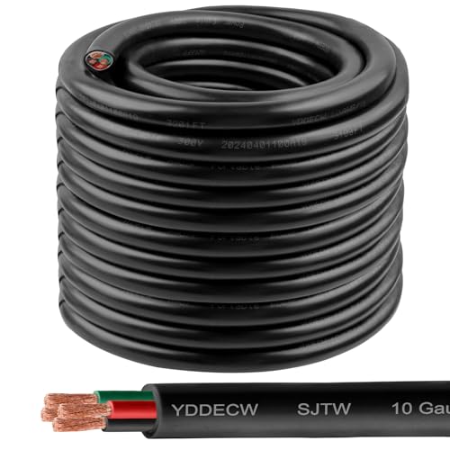 100ft 10/4 10 AWG SJTW 300V Wire (4 Conductor) - 10 Gauge SJTW Cable with UV-Resistant Jacket for Motor Leads, Battery Chargers and Machine - 4 Conductor - 100 Feet Electrical Wire