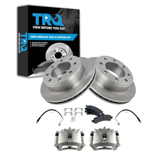 Image of TRQ Brake Pad, Caliper, Hose, & Rotor Kit Semi-Metallic Compatible with 2003-2010 Chevrolet Express 2500 2011-2012 Express 3500 GMC Savana 2500 2007-2012 Savana 3500