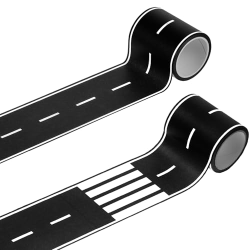 2 Pack Roadway Tape, Black Road Track Tape, 32.8 Ft Long x 2 In Wide Toy Car Track Roadway Finish Line Tapes, No Residue Easy to Tear Table Runner Road Sticker for Race Car Birthday Party Decorations