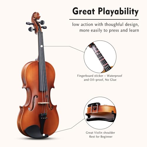 ADM 4/4 Full Size Wood Violin Set for Kids Teens Students Adults Beginner Acoustic Violin Matte Fiddle Starter Kit with Hard Case, Rosin, Shoulder Rest, Bow, Clip-on Tuner and Fingerboard Sticker