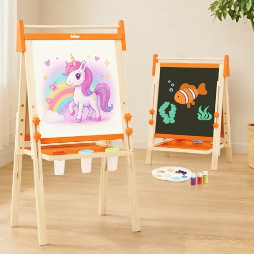 Belleur Wooden Art Easel for Kids 2+, Adjustable Double Sided Easel for Toddlers with Dry-Erase Board & Magnetic Whiteboard & Paper Roll Rod, 28"-40" Height Learning Toys, Gift for Child - Orange